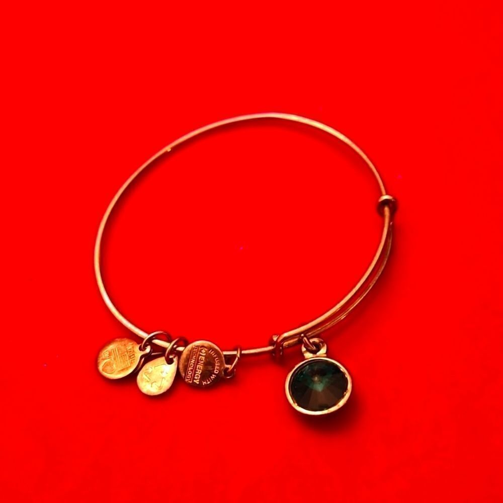 Alex and Ani Silver Bangle Bracelet with Green Emerald Charm